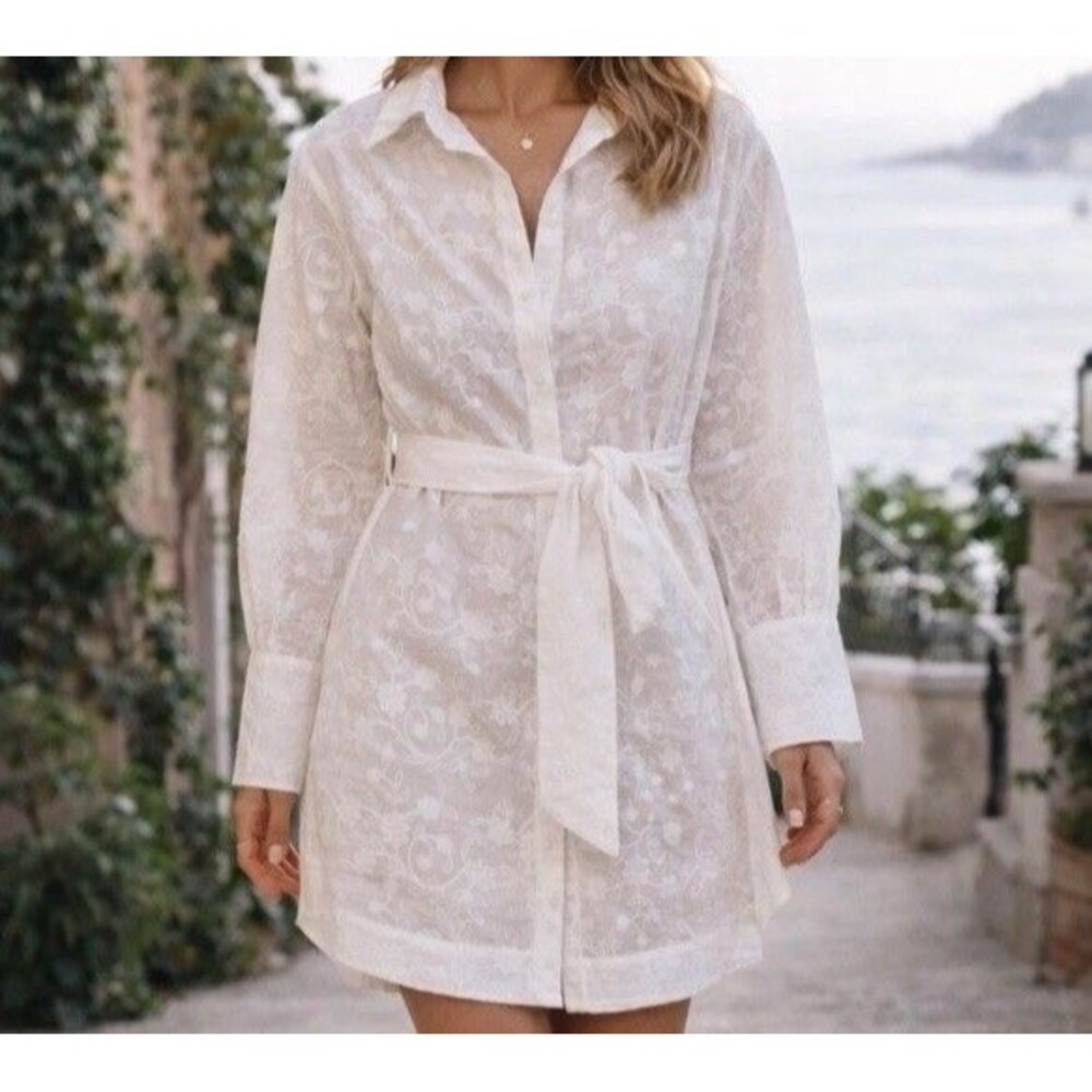 Secret Mission Super Natural White Embroidered Mini Shirt Dress Size M NWOT